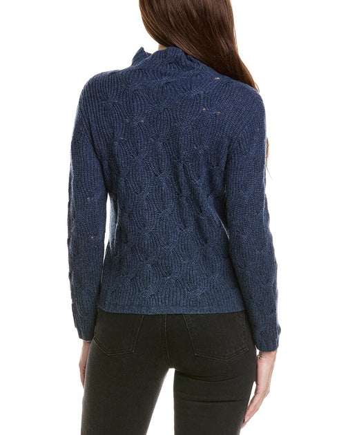 Hannah Rose Shaker Cable Funnel Neck Wool & Cashmere-Blend Sweater Blue Large 3