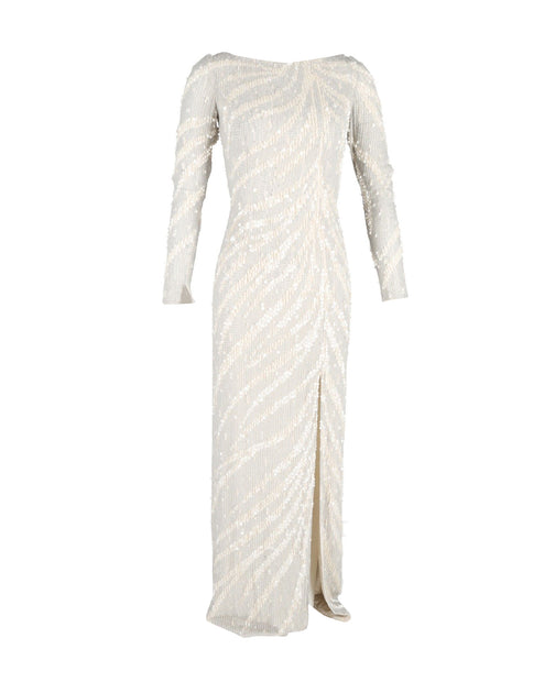 Jenny Packham Long Sleeve Gown In Cream Sequined Polyester