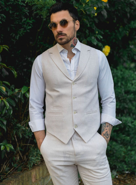 Infinity Men's Summer 2 Piece Suit Linen Cream Beige US 50 Regular 2