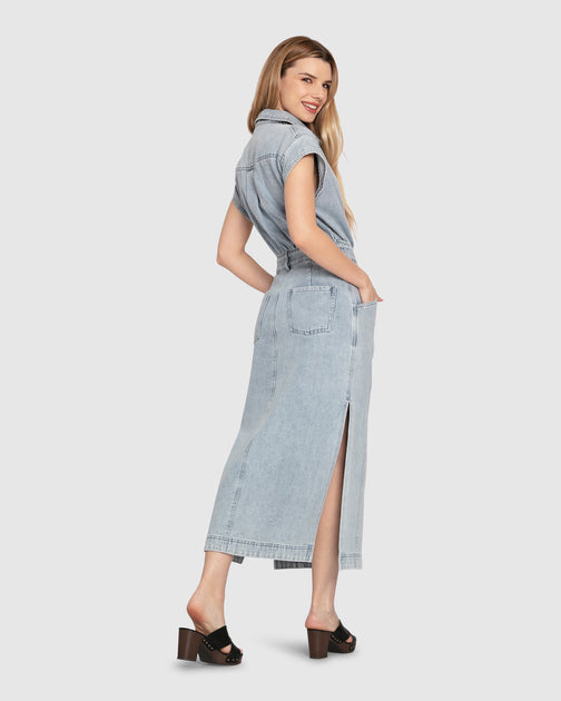 Belle & Bloom Sundown Denim Midi Shirt Dress White Medium 4