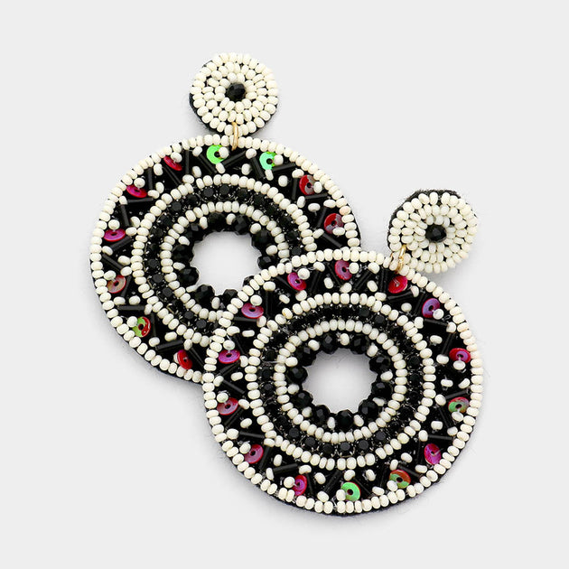 FASHNZFAB Boho Sequin Multi Beaded Open Circle Dangle Earrings Black 2