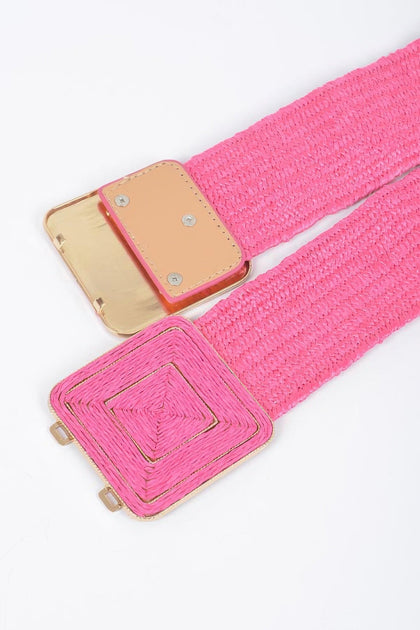 FASHNZFAB Faux Straw Two Buckle Elastic Belt Pink One Size 6