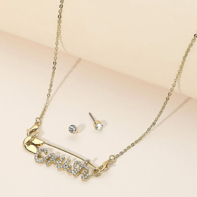 FASHNZFAB Crush Message Pointed Safety Pin Pendant Necklace Silver 2