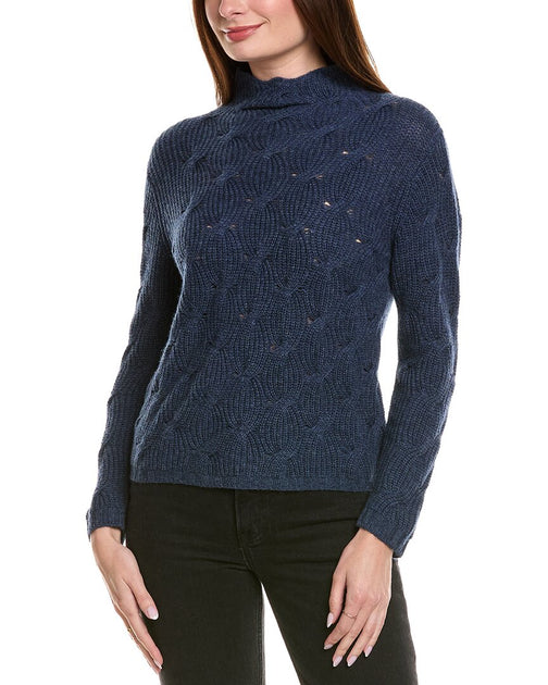 Hannah Rose Shaker Cable Funnel Neck Wool & Cashmere-Blend Sweater Blue Large 2