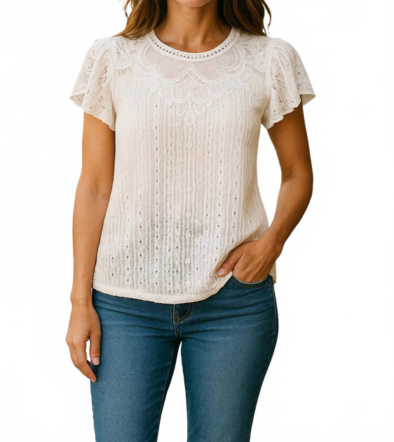 Diva USA Summer Lace Crew Neck Blouse Beige Large 2