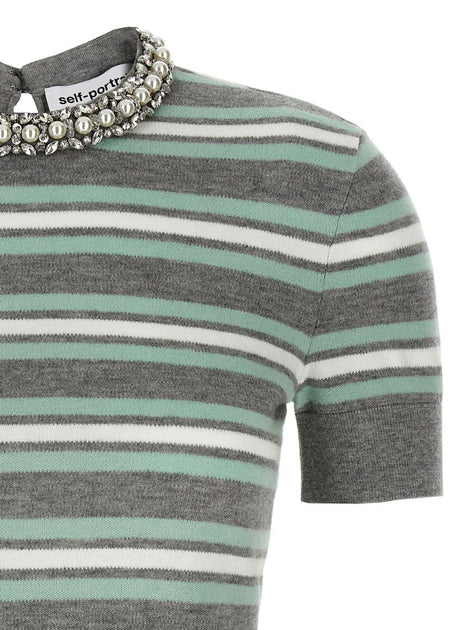 Tシャツ・カットソー SELF PORTRAIT 'Grey Striped Crystal Trim Knit' sweater Grey Striped Crystal Trim Knit Top – self-portrait-US