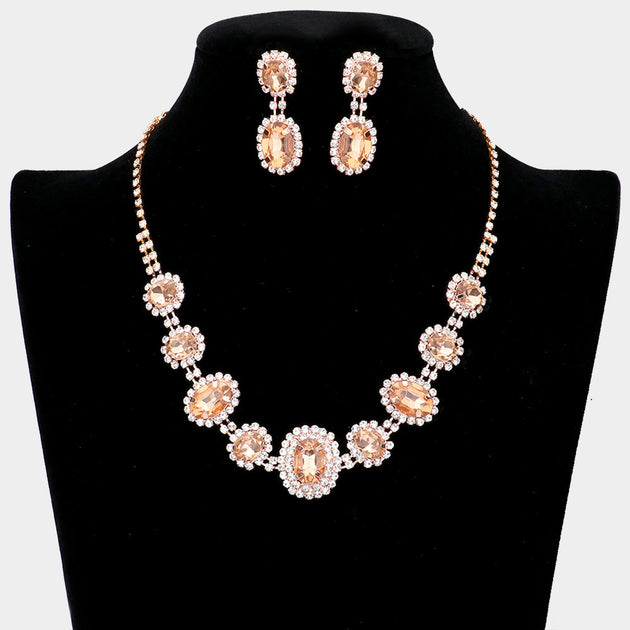 FASHNZFAB Oval Stone Accented Necklace Peach Rose Gold One Size 3