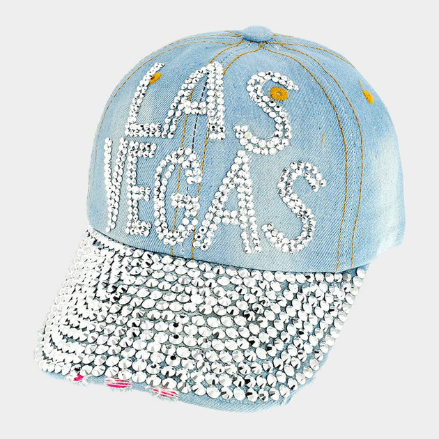FASHNZFAB Studded Las Vegas Message Denim Baseball Cap Black 2