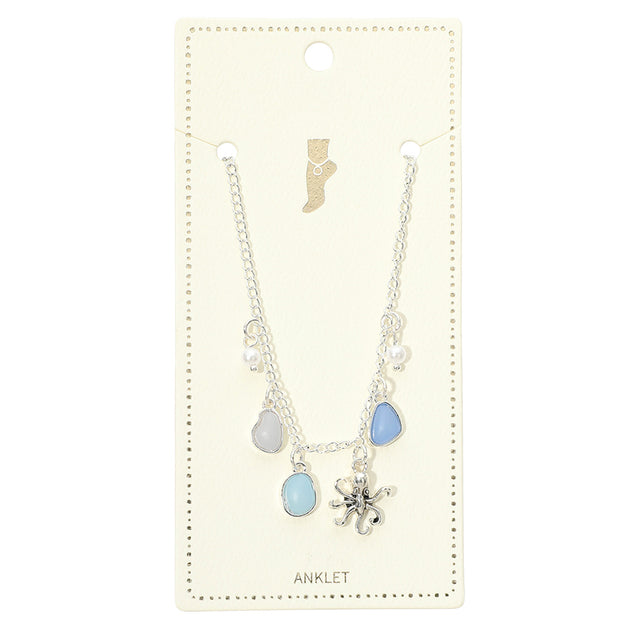 FASHNZFAB Octopus Sea Glass Pearl Charm Station Anklet Silver 3