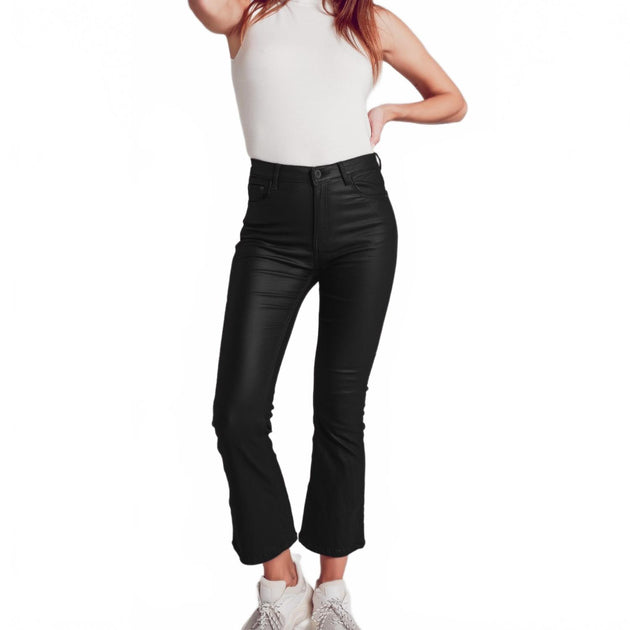 Q2 Stretch Faux Leather Flared Pants Black Small 2