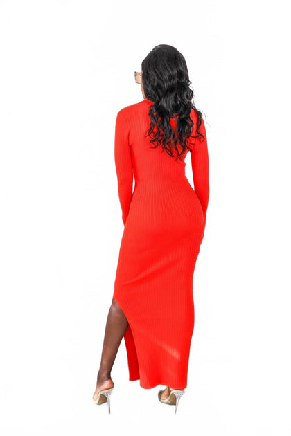 SurelyMine Collar Ribbed Long Sleeves Maxi Dress Red Large 3
