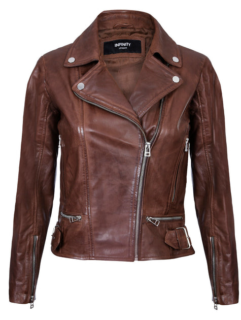 Infinity Stockholm Womens Leather Biker Jacket Brown Large 2
