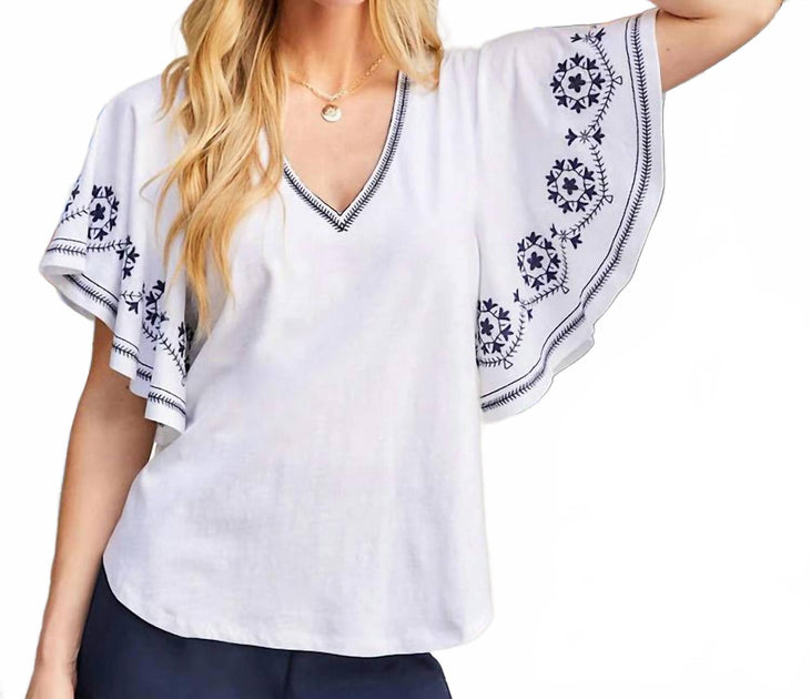 Karen Kane Embroidered Flutter Sleeve Top Purple Medium 3