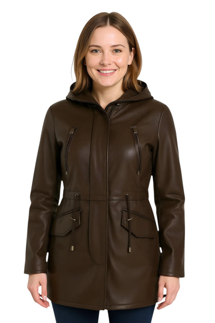  Infinity Women Hooded Parka Jacket Brown Leather US 16 2