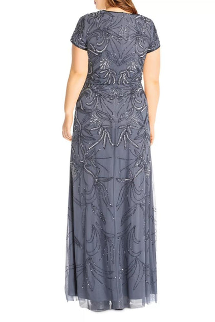 TRUEDAMES Round Neckline Cap Sleeve Sheath Maxi Gown Blue US 22 4