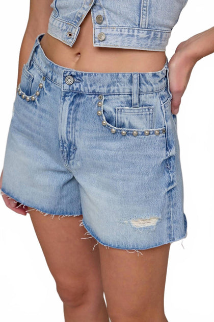 Hidden Pearl Embellished Shorts Blue Small 4