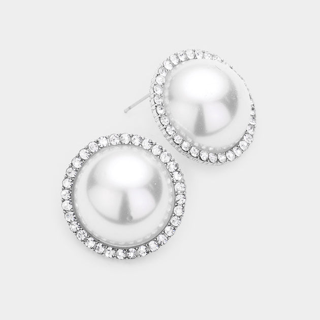 FASHNZFAB Pearl Rhinestone Pave Earrings Clear Silver One Size 2