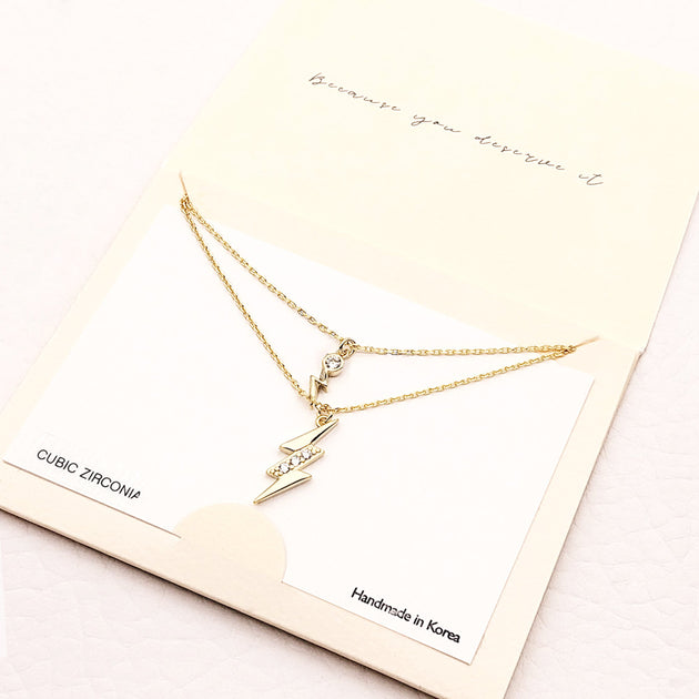 FASHNZFAB CZ Embellished Metal Lightning Pendant Double Layered Necklace Silver 3