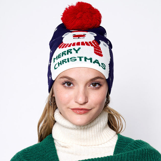 FASHNZFAB Merry Christmas Polar Bear Pom Pom Beanie Hat Multi Female 2