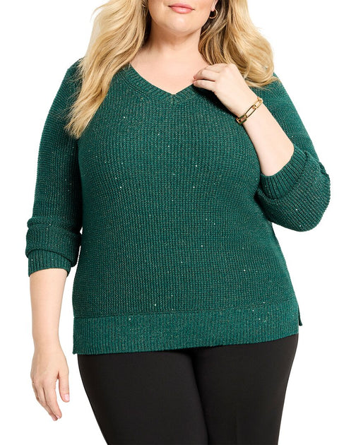 Nic + Zoe Plus Shimmer Waffle V-Neck Sweater Green XLarge 2
