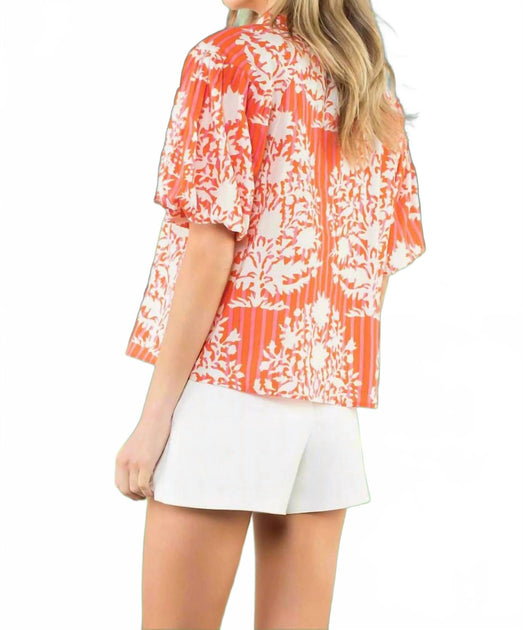THML Botanical Stripe Puff Sleeve Blouse Orange Medium 3