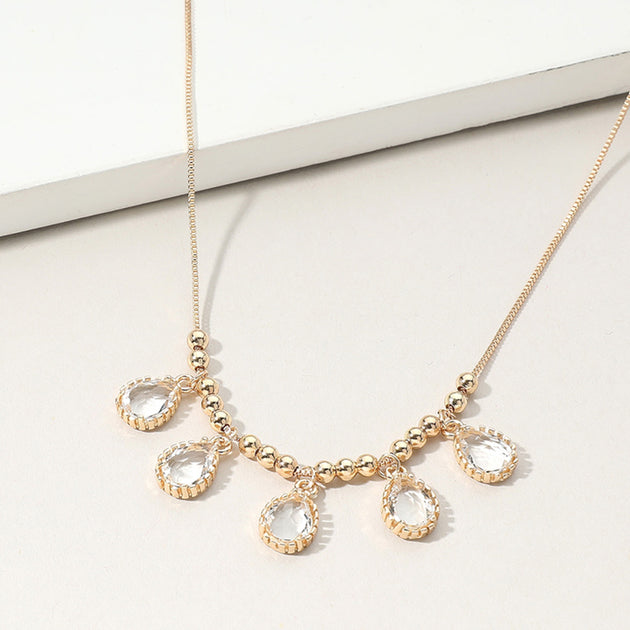 FASHNZFAB Teardrop Stone Cluster Charm Beaded Necklace Silver 3