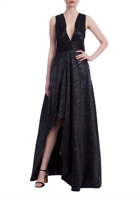ONE 33 SOCIAL Deep Plunge V-Neckline Metallic Gown Schwarz US 12 2