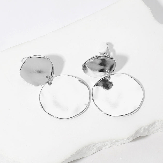FASHNZFAB Hammered Metal Disc Dangle Clip On Earrings Silver 2