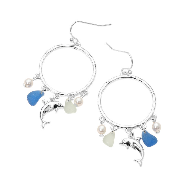 FASHNZFAB Dolphin Sea Glass Charm Drop Earrings Silver 3