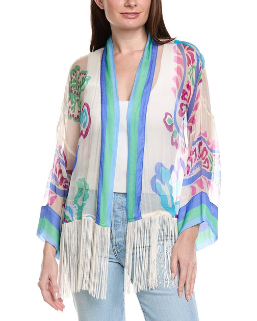 Johnny Was Sunset Silk Fringe Kimono White Small 2
