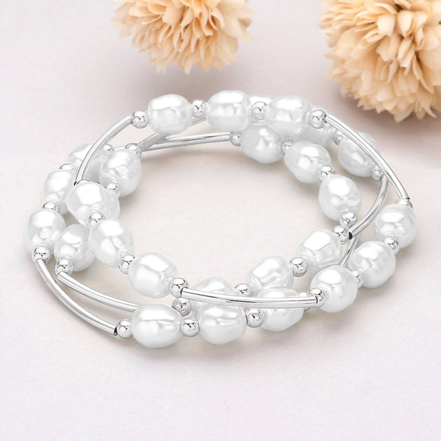 FASHNZFAB Triple Pearl Beaded Station Stretch Bracelet White Silver One Size 2