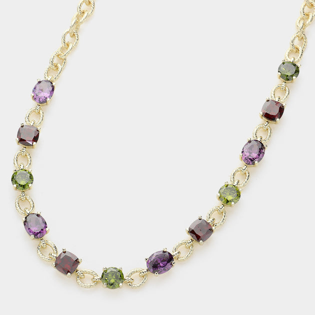 FASHNZFAB Round Square Stone Cushion Link Necklace Gold Multi Purple One Size 3