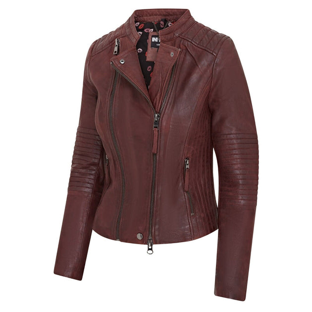 Infinity Womens Biker Leather Jacket Burgundy Medium 4