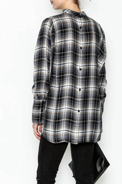 ELAN Long Sleeve Plaid Keyhole Neck Top Black Medium 3