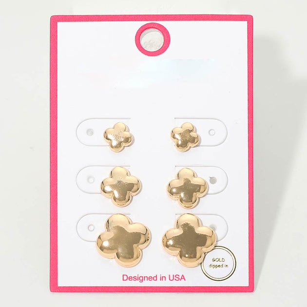 FASHNZFAB Quatrefoil Stud Earring Set Gold 3