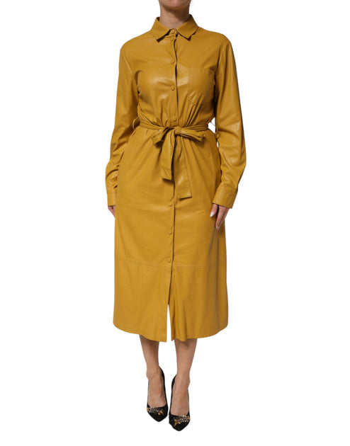 PINKO Belted Shirt Midi Dress Yellow Medium 2