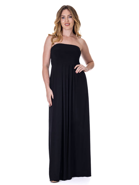 24seven Comfort Apparel Pleated A-Line Strapless Maxi Dress Blue Medium 2