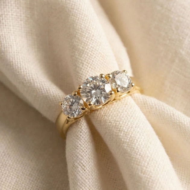 Pompeii3 Three Stone Diamond Engagement Ring Yellow Gold US 7 4