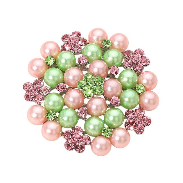 FASHNZFAB Pearl Crystal Floral Pin Brooch Green One Size 3