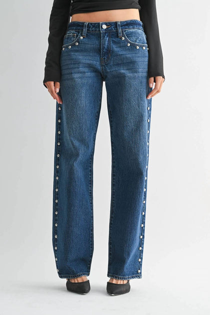 JBD. Low Rise Studded Baggy Jean In Dark Denim | ShopSimon