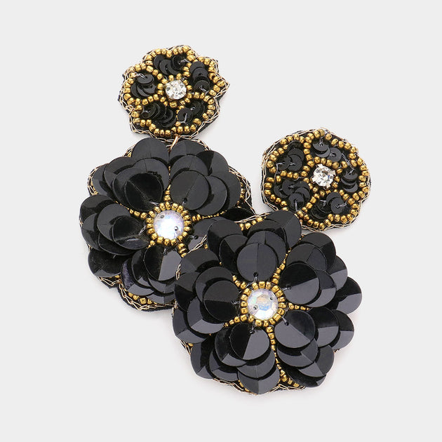 FASHNZFAB Double Flower Link Dangle Earrings Black 2