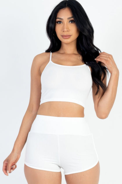 TRUEDAMES Ribbed Cami Crop Top and Ruched Shorts Set Yellow Medium 2