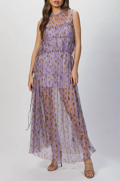 Msgm Floral Print Tiered Silk Dress Purple EU 40 2