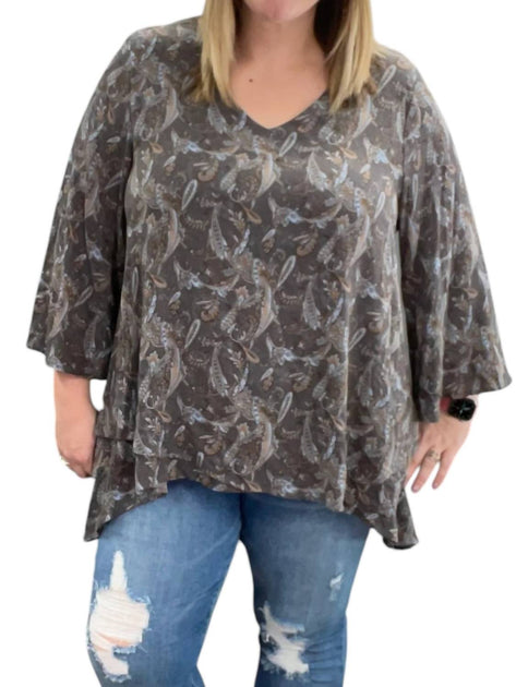 Jade by Jane Paisley Cross Front Tunic Top Grey 2X 2