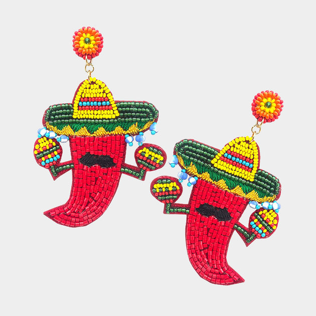 FASHNZFAB Beaded Chili Pepper Dangle Earrings Red 3