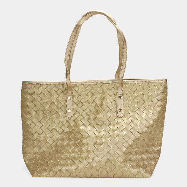 FASHNZFAB Faux Leather Weave Tote Bag Gold One Size 3