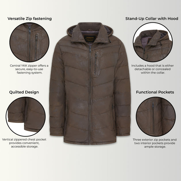 Infinity Orion Mens Leather Puffer Jacket Brown XXXLarge 4