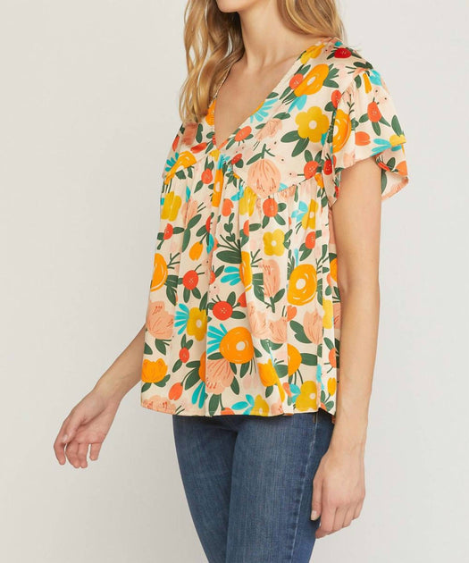Entro Floral Babydoll Top Beige Medium 3