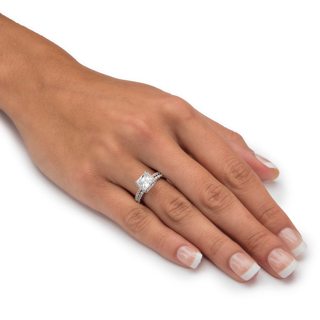 Palm Square Cubic Zirconia 10k White Gold Wedding Ring Set Silver US 7 4