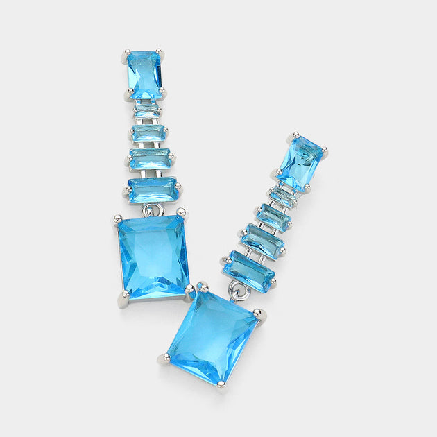 FASHNZFAB CZ Emerald Cut Stone Dangle Earrings Silver Turquoise 3